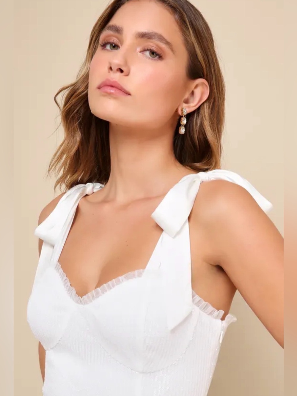 NWT Lulus White Sequin Tie-Shoulder Sweetheart Mini Dress Medium - Picture 4 of 12